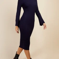 Little Mistress Navy Split Sleeve Rib Knit Midi Dress By Vogue Williams -Starlit Dress Sales D34168C3A 1