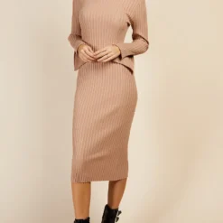 Little Mistress Camel Split Sleeve Rib Knit Midi Dress By Vogue Williams -Starlit Dress Sales D34168C4A 1