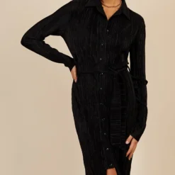 Little Mistress Black Plisse Midi Shirt Dress By Vogue Williams -Starlit Dress Sales D34169C1A 2