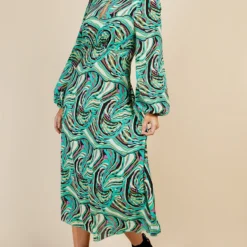 Little Mistress Green Retro Print Midaxi Smock Dress By Vogue Williams -Starlit Dress Sales D34176R1A 1