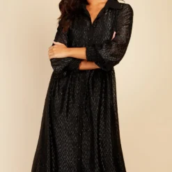 Little Mistress Black Metallic Chevron Midaxi Shirt Dress By Vogue Williams -Starlit Dress Sales D34275R1A 2