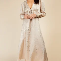 Little Mistress Oyster Gold Star Foil Print Midaxi Dress