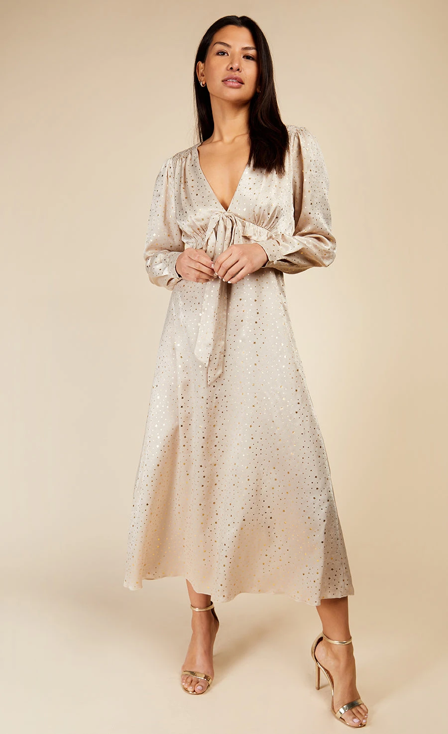 Little Mistress Oyster Gold Star Foil Print Midaxi Dress 1 Little Mistress Oyster Gold Star Foil Print Midaxi Dress