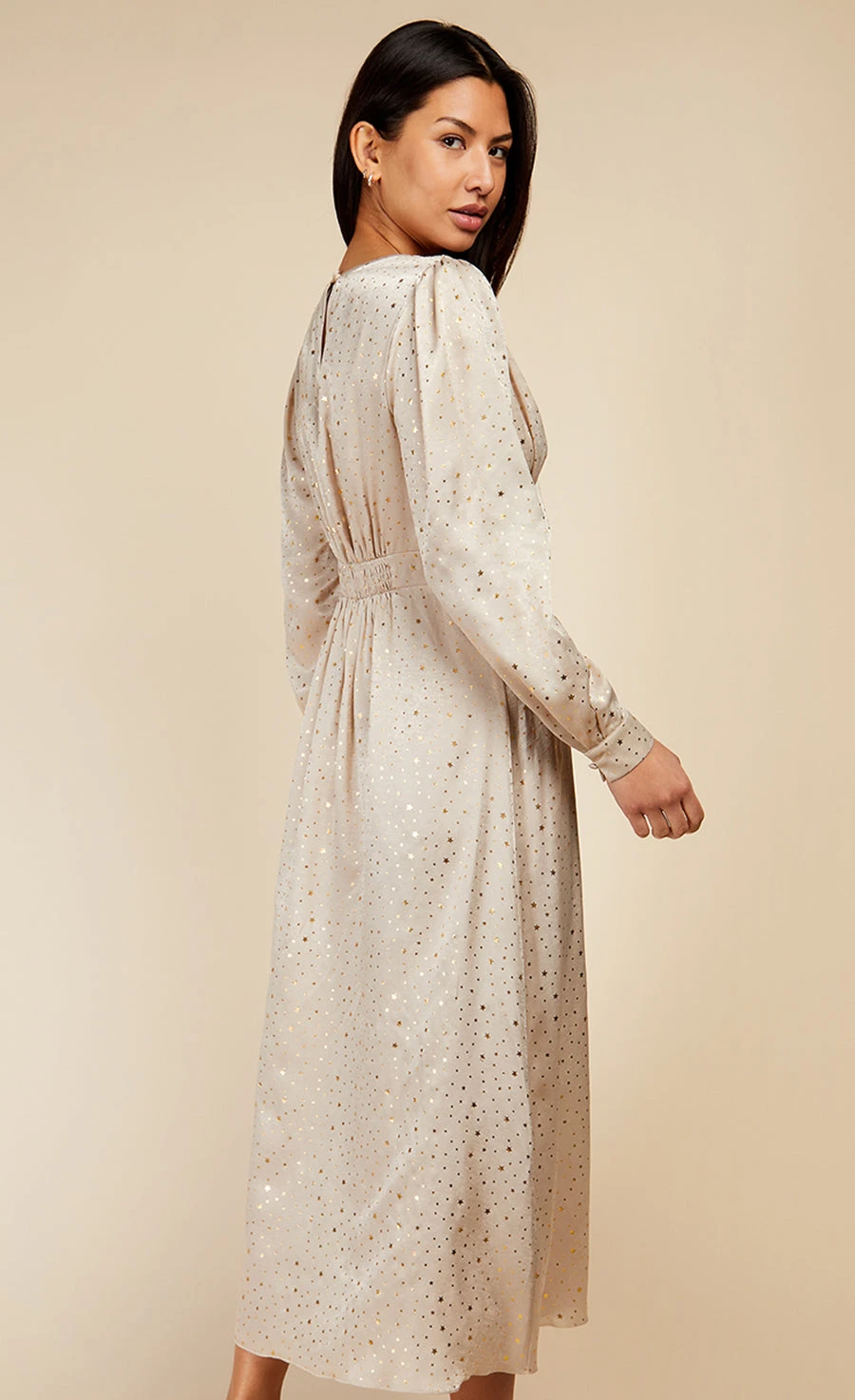 Little Mistress Oyster Gold Star Foil Print Midaxi Dress 4 Little Mistress Oyster Gold Star Foil Print Midaxi Dress - Image 4