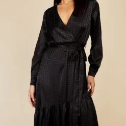 Little Mistress Black Satin Houndstooth Mock Wrap Midaxi Dress By Vogue Williams -Starlit Dress Sales D34309R1A 2