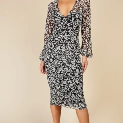 Little Mistress Monochrome Printed Mesh Midi Bodycon Dress