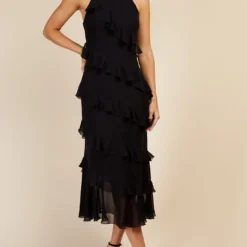 Little Mistress Black Frill Midaxi Dress
