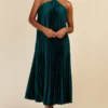 Little Mistress Green Satin Pleated Midaxi Dress