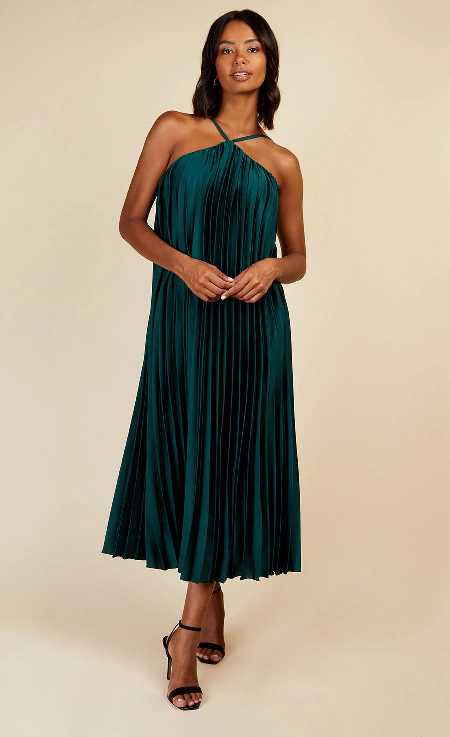 Little Mistress Green Satin Pleated Midaxi Dress 1 Little Mistress Green Satin Pleated Midaxi Dress
