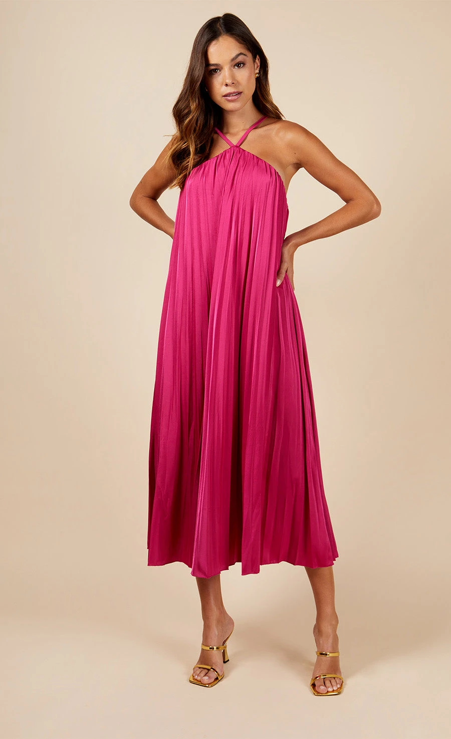 Little Mistress Pink Satin Pleated Midaxi Dress 3 Little Mistress Pink Satin Pleated Midaxi Dress - Image 3