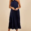 Little Mistress Navy Satin Pleated Midaxi Dress