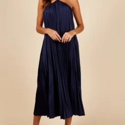 Little Mistress Navy Satin Pleated Midaxi Dress
