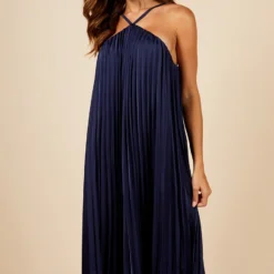 Little Mistress Navy Satin Pleated Midaxi Dress -Starlit Dress Sales D34371R3A 2