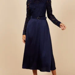 Little Mistress Navy Lace And Satin Belted Midaxi Dress
