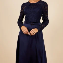 Little Mistress Navy Lace And Satin Belted Midaxi Dress -Starlit Dress Sales D34560R1A 2