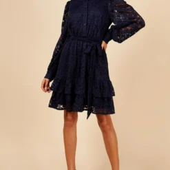 Little Mistress Navy Lace Mini Shirt Dress