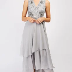 Little Mistress Sycamore Grey Embellished Frill Wrap Maxi Bridesmaid Dress