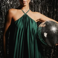 Little Mistress Green Satin Pleated Midaxi Dress 11 Little Mistress Green Satin Pleated Midaxi Dress -Starlit Dress Sales GREEN HALTER2