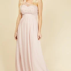 Little Mistress Luanna Blush Embellished One-Shoulder Maxi Dress