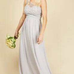 Little Mistress Luanna Ice Grey Embellished One-Shoulder Maxi Dress