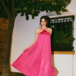 Little Mistress Pink Satin Pleated Midaxi Dress