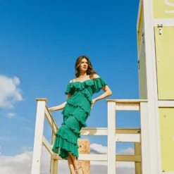 Little Mistress Green Frill Cold Shoulder Midi Dress