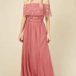 Little Mistress Nadine Rose Embellished Bardot Maxi Dress