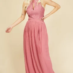 Little Mistress Debra Rose Lace Bodice And Pleat Maxi Dress