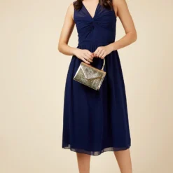 Little Mistress Navy Twist Detail Midi Dress