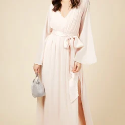 Little Mistress Nude Plunge Tie Waist Maxi Dress