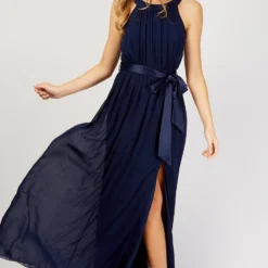 Little Mistress Navy Halterneck Maxi Dress