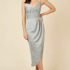 Little Mistress Satin Mock Wrap Sage Midi Dress