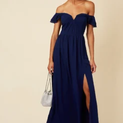 Little Mistress Navy Bardot Draped Sleeve Maxi Dress