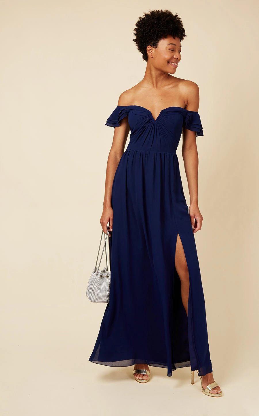 Little Mistress Navy Bardot Draped Sleeve Maxi Dress 1 Little Mistress Navy Bardot Draped Sleeve Maxi Dress