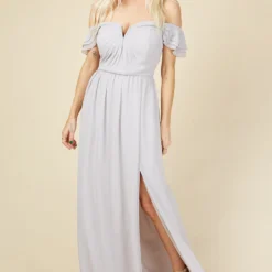 Little Mistress Russo Ice Grey Bardot Draped Sleeve Maxi Dress