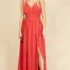 Little Mistress Alexa Coral Plunge Neckline Maxi Dress