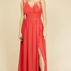 Little Mistress Alexa Coral Plunge Neckline Maxi Dress
