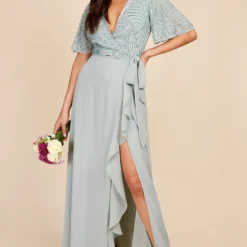 Little Mistress Jodie Sage Embellished Wrap Maxi Dress