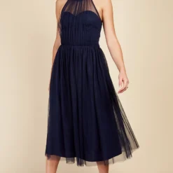 Little Mistress Navy Tulle Halter Midi Dress