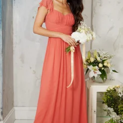 Little Mistress Coral Rose Embellished Sleeve Maxi Dress