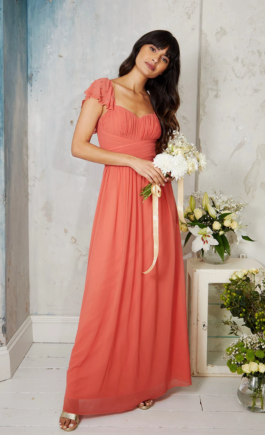Little Mistress Coral Rose Embellished Sleeve Maxi Dress 1 Little Mistress Coral Rose Embellished Sleeve Maxi Dress