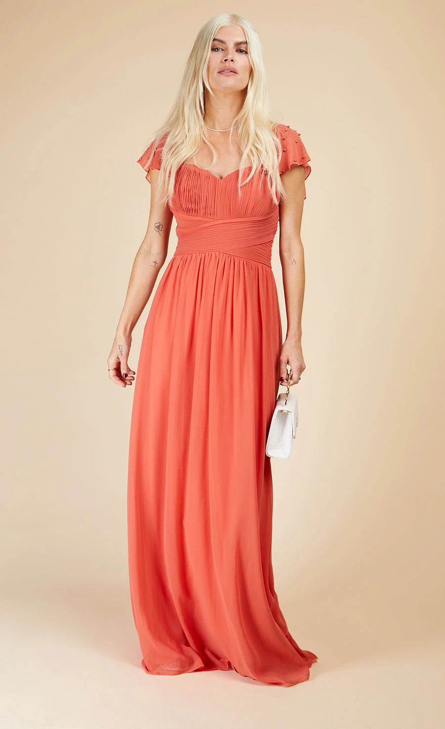 Little Mistress Coral Rose Embellished Sleeve Maxi Dress 3 Little Mistress Coral Rose Embellished Sleeve Maxi Dress - Image 3