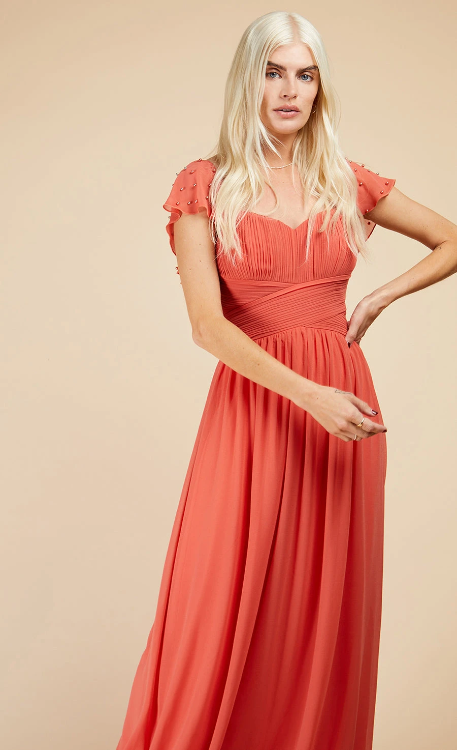 Little Mistress Coral Rose Embellished Sleeve Maxi Dress 4 Little Mistress Coral Rose Embellished Sleeve Maxi Dress - Image 4