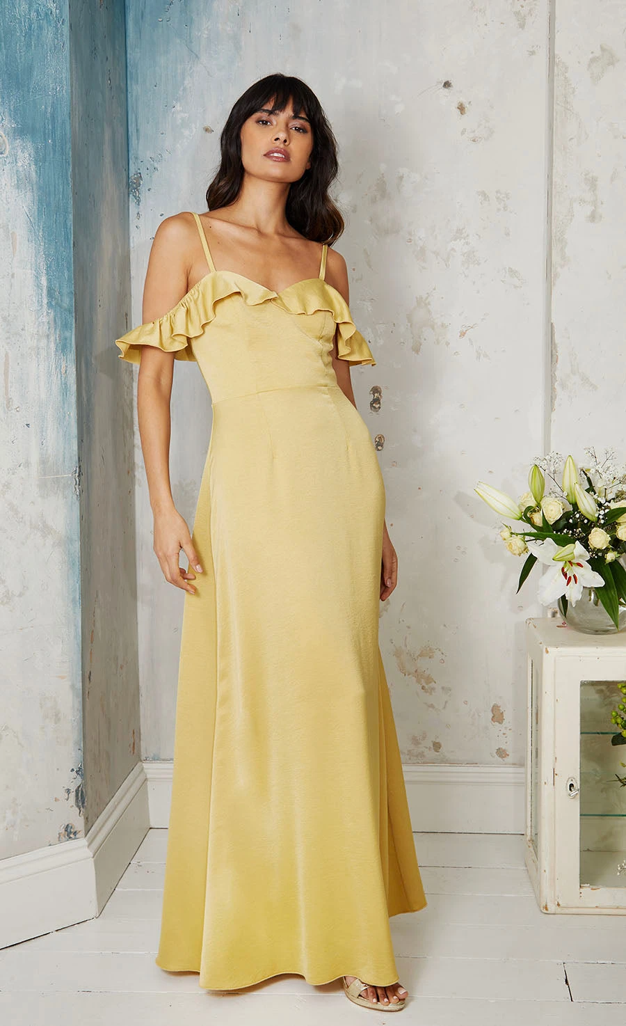 Little Mistress Yellow Frill Cold-Shoulder Maxi Dress 1 Little Mistress Yellow Frill Cold-Shoulder Maxi Dress