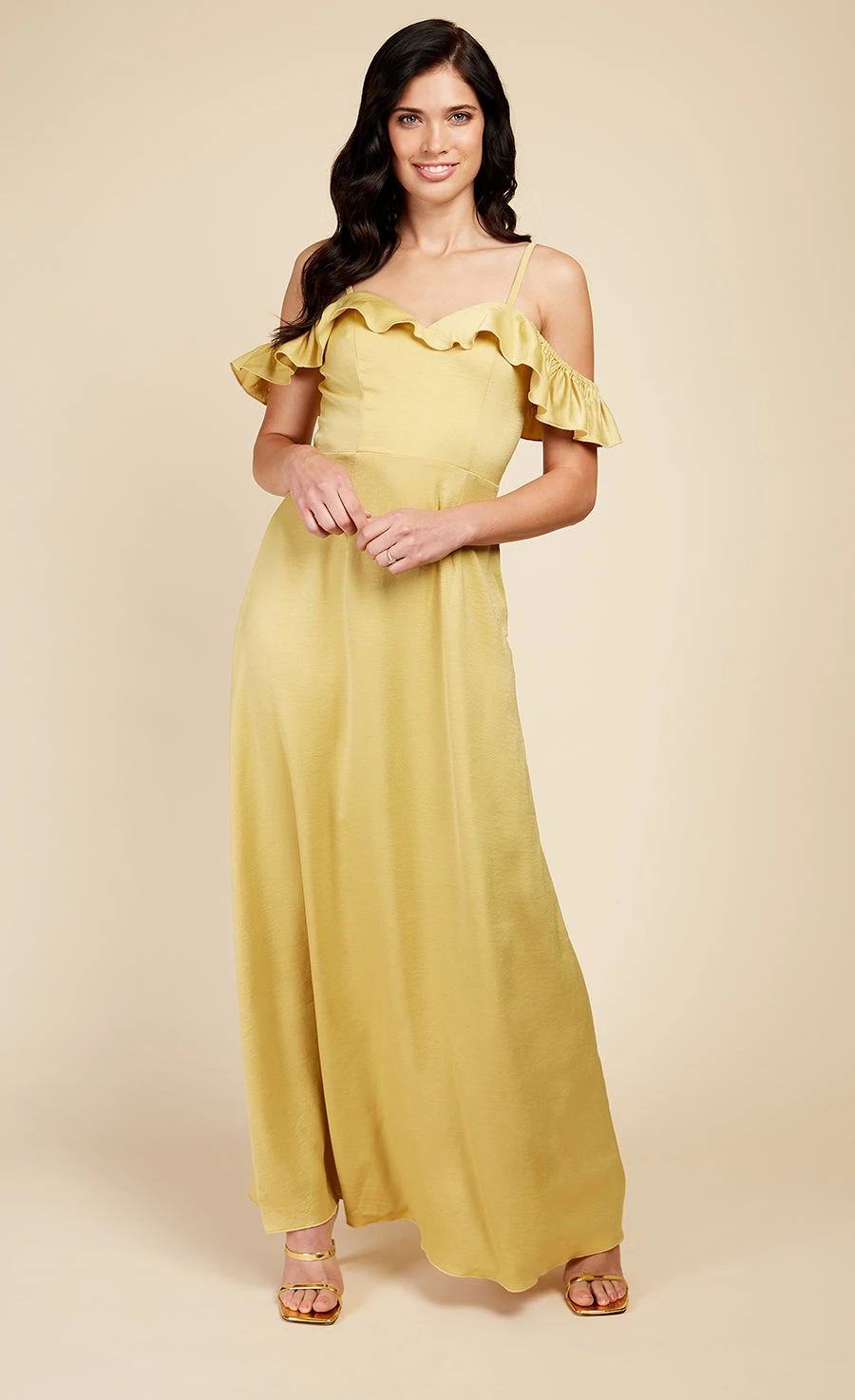 Little Mistress Yellow Frill Cold-Shoulder Maxi Dress 3 Little Mistress Yellow Frill Cold-Shoulder Maxi Dress - Image 3