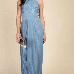 Little Mistress Steel Blue Lace And Pleated Hem Maxi Dress