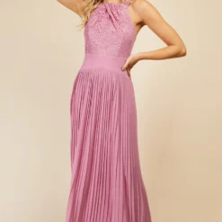 Little Mistress Rose Quartz Lace And Pleated Hem Maxi Dress