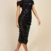 Little Mistress Hoxton Sequin Bardot Ruched Bodycon Midi Dress