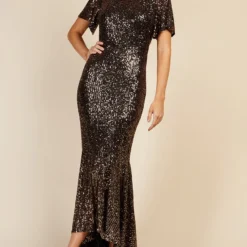 Little Mistress Black And Gold Sequin Fishtail Maxi Dress